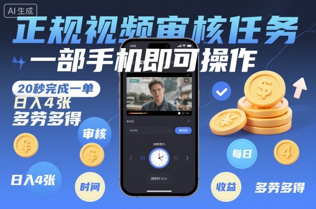 正规视频审核任务，一部手机即可操作，20秒完成一单，日入4张，多劳多得【揭秘】鑫博凯资源站-创业网-项目平台-副业项目-网创项目资源站-副业项目-创业项目-搞钱项目-网站源码-游戏源码鑫博凯资源站