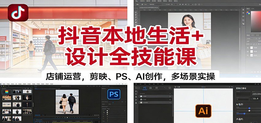 抖音本地生活+设计全技能课:店铺运营,剪映、PS、AI创作,多场景实操鑫博凯资源站-创业网-项目平台-副业项目-网创项目资源站-副业项目-创业项目-搞钱项目-网站源码-游戏源码鑫博凯资源站