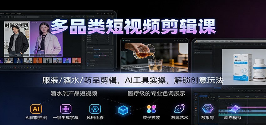 多品类短视频剪辑课:服装/酒水/药品剪辑,AI工具实操,解锁创意玩法鑫博凯资源站-创业网-项目平台-副业项目-网创项目资源站-副业项目-创业项目-搞钱项目-网站源码-游戏源码鑫博凯资源站