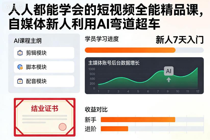 人人都能学会的短视频全能精品课，自媒体新人利用AI弯道超车鑫博凯资源站-创业网-项目平台-副业项目-网创项目资源站-副业项目-创业项目-搞钱项目-网站源码-游戏源码鑫博凯资源站