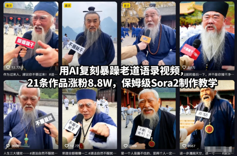 用AI复刻暴躁老道语录视频，21条作品涨粉8.8W，保姆级Sora2制作教学鑫博凯资源站-创业网-项目平台-副业项目-网创项目资源站-副业项目-创业项目-搞钱项目-网站源码-游戏源码鑫博凯资源站