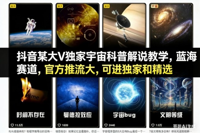 抖音某大V独家宇宙科普解说教学，蓝海赛道，官方推流大，可进独家和精选鑫博凯资源站-创业网-项目平台-副业项目-网创项目资源站-副业项目-创业项目-搞钱项目-网站源码-游戏源码鑫博凯资源站
