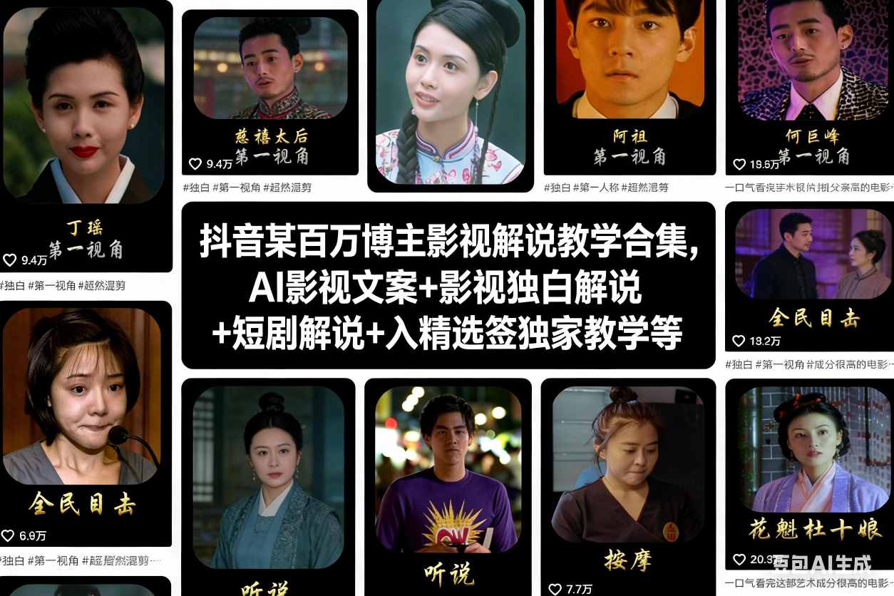 抖音某百万博主影视解说教学合集，AI影视文案+影视独白解说+短剧解说+入精选签独家教学等鑫博凯资源站-创业网-项目平台-副业项目-网创项目资源站-副业项目-创业项目-搞钱项目-网站源码-游戏源码鑫博凯资源站